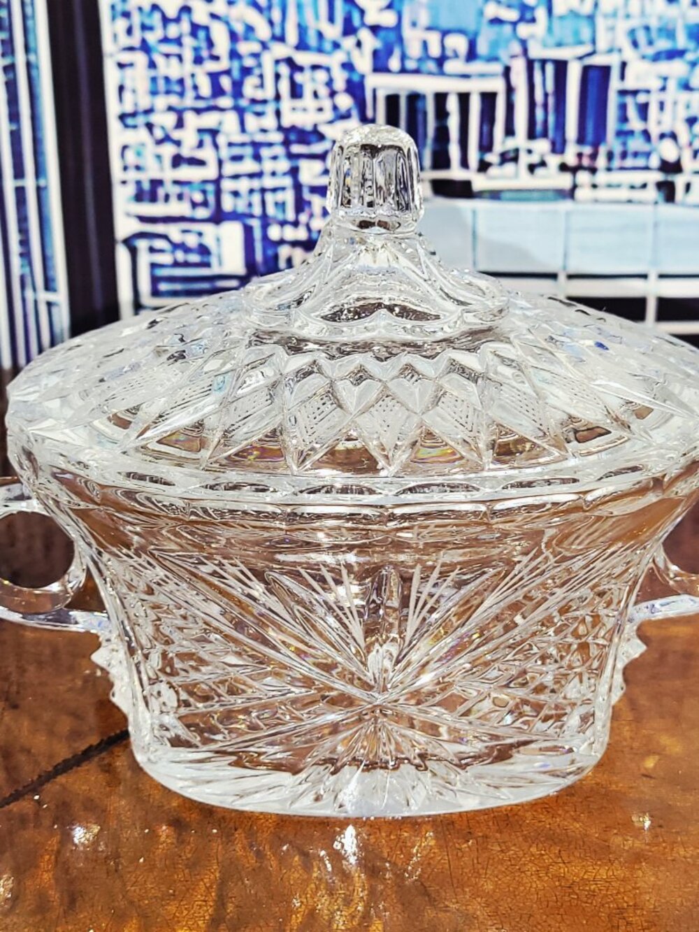 Vintage Lead Crystal Bowl Dish 8" w/ Lid Handles Fine Heavy Handcut 1960s Europe